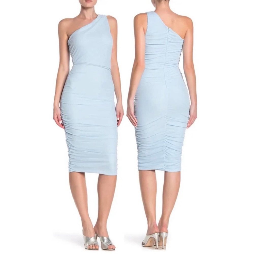 Love by Design, light blue, ruched bodycon one shoulder midi dress